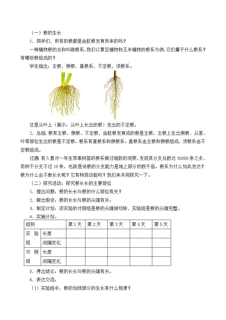 济南版生物八年级上册 第四单元第一章第五节根的结构与功能_教案02