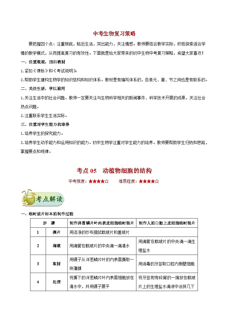最新中考生物考点一遍过（一轮讲义） 考点05  动植物细胞的结构01