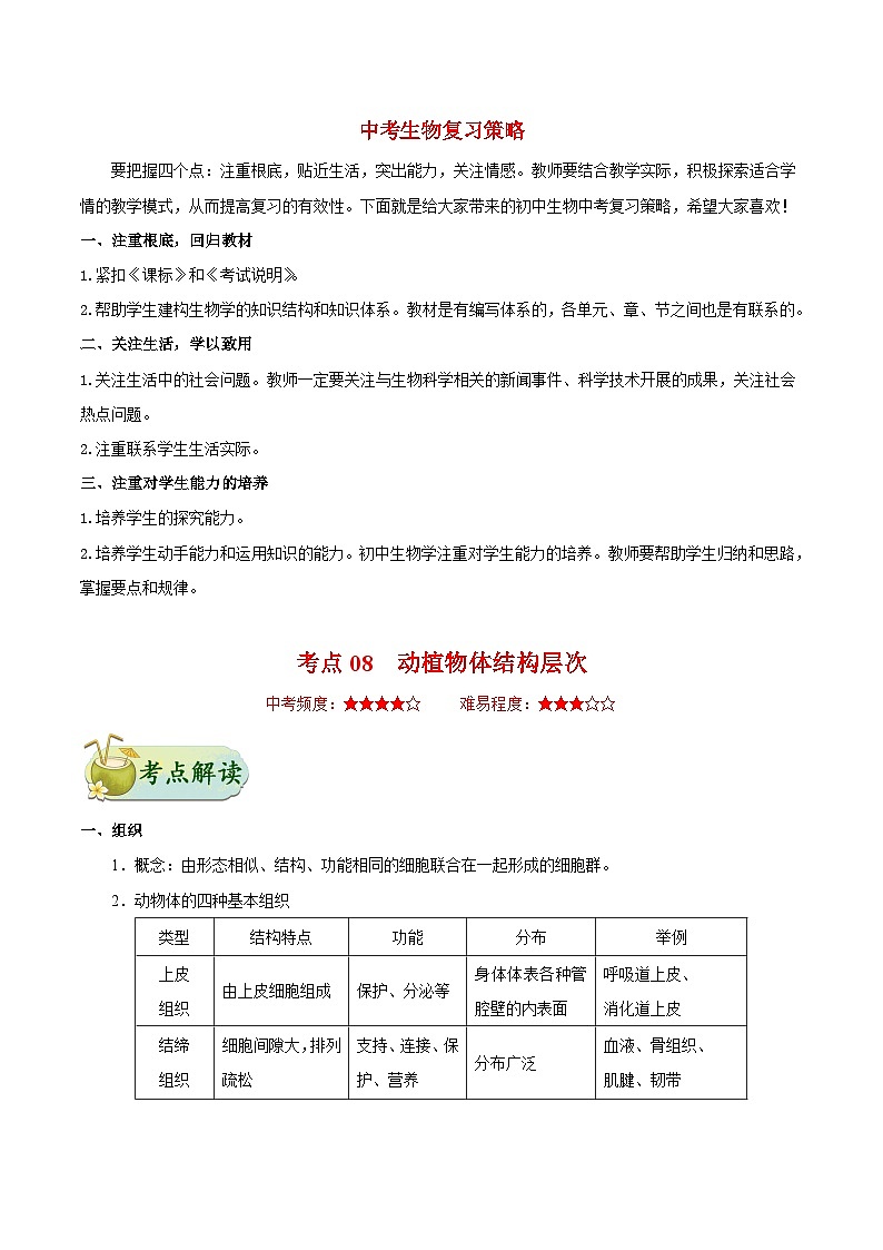 最新中考生物考点一遍过（一轮讲义） 考点08  动植物体的结构层次01
