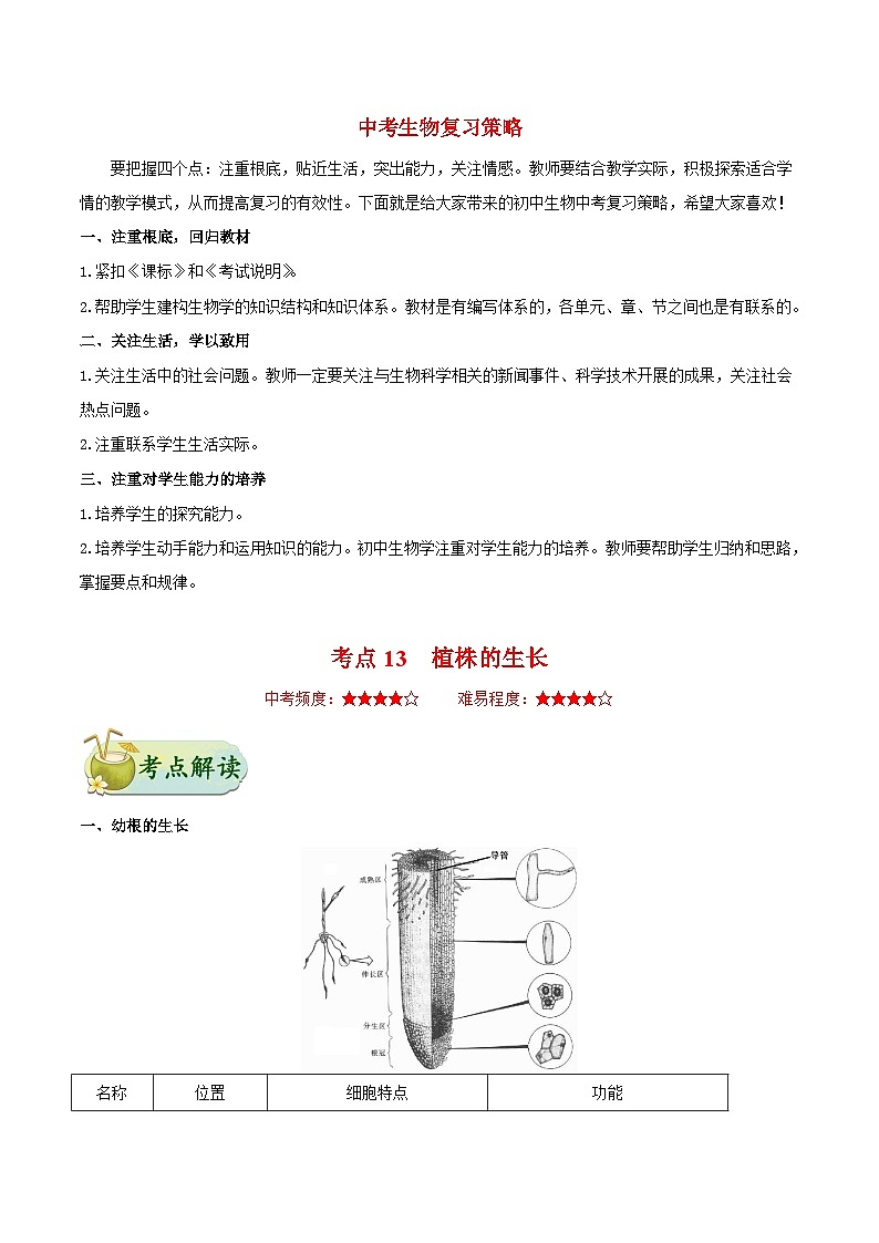 最新中考生物考点一遍过（一轮讲义） 考点13  植株的生长第1页