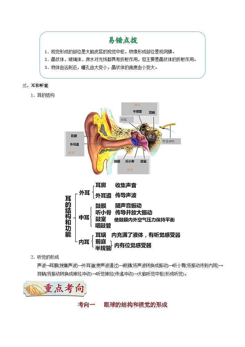 最新中考生物考点一遍过（一轮讲义） 考点26  人体对外界环境的感知第3页