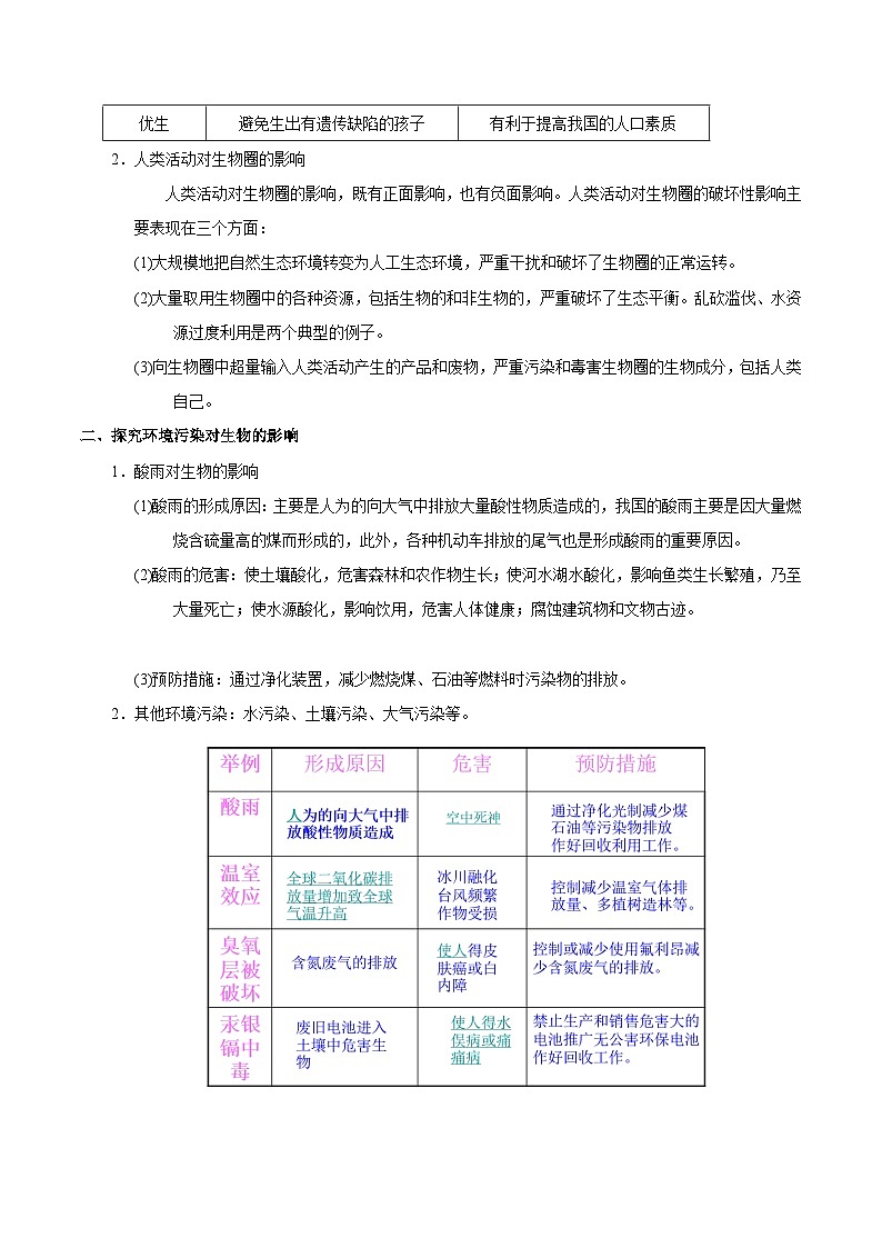最新中考生物考点一遍过（一轮讲义） 考点29  人类活动对生物圈的影响第2页