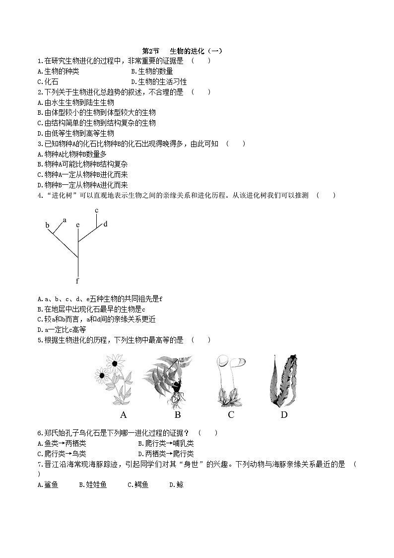 北师大版生物八年级下册 第21章 第2节  《生物的进化》同步测试1 第1课时（含答案）01