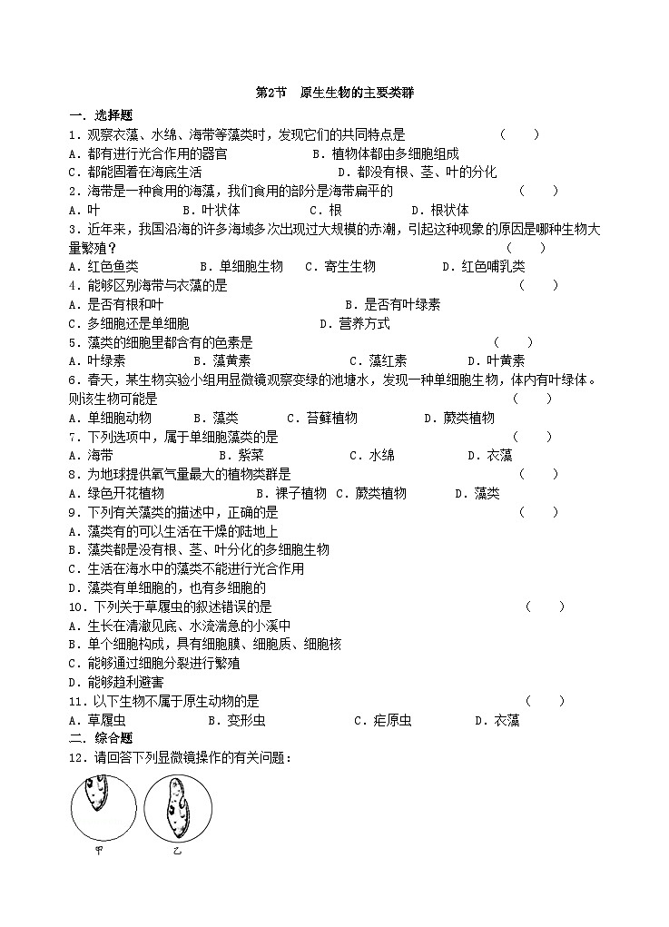 北师大版生物八年级下册 第22章 第2节  《原生生物的主要类群》同步测试1（含答案）01