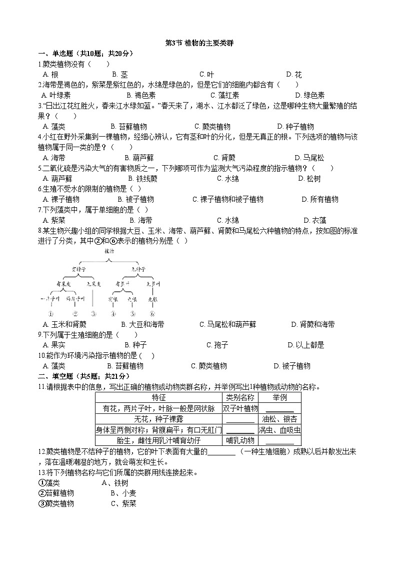 北师大版生物八年级下册 第22章 第3节  《植物的主要类群》 同步测试1（含答案）01