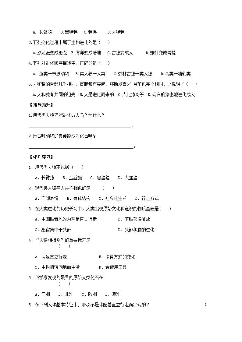 北师大版生物八年级下册 第21章 第3节  《人类的起源和进化》 学案02