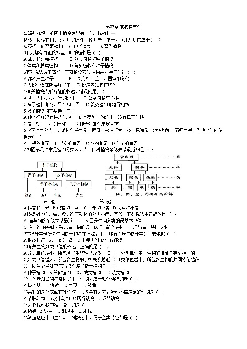北师大版生物八年级下册 第22章 《物种的多样性》章末测试1（含答案）01