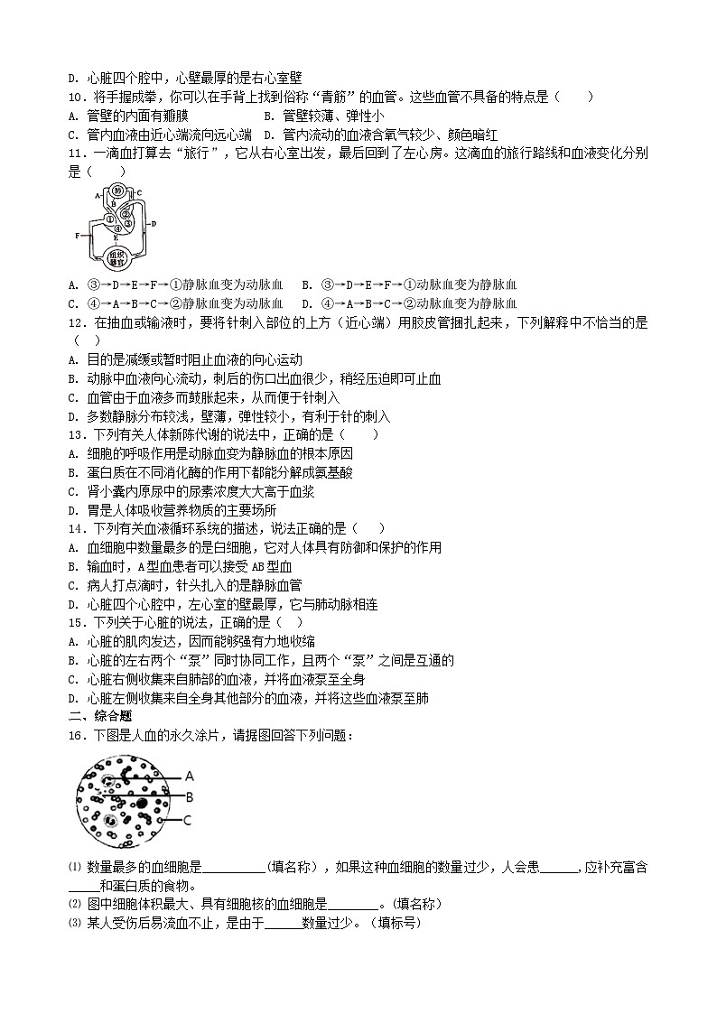 北师大版生物七年级下册 第9章 《人体内的物质运输》章末测试1第2页