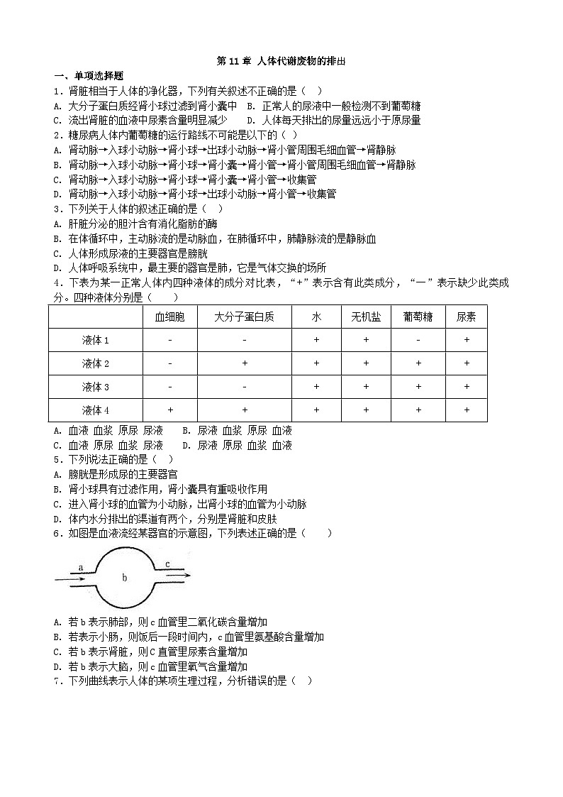 北师大版生物七年级下册 第11章  《人体代谢废物的排出》 章末检测101