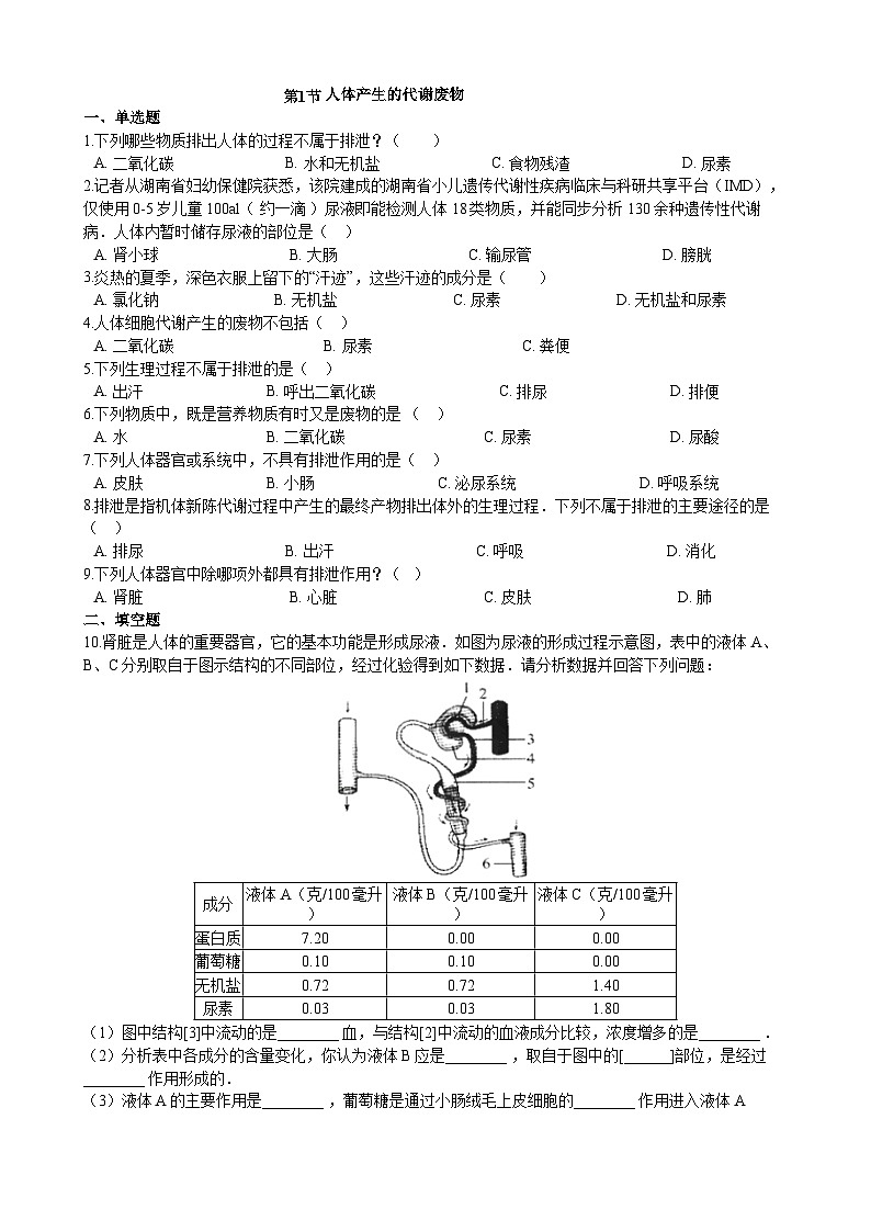 北师大版生物七年级下册 第11章 第1节  《人体产生的代谢废物》同步测试第1页