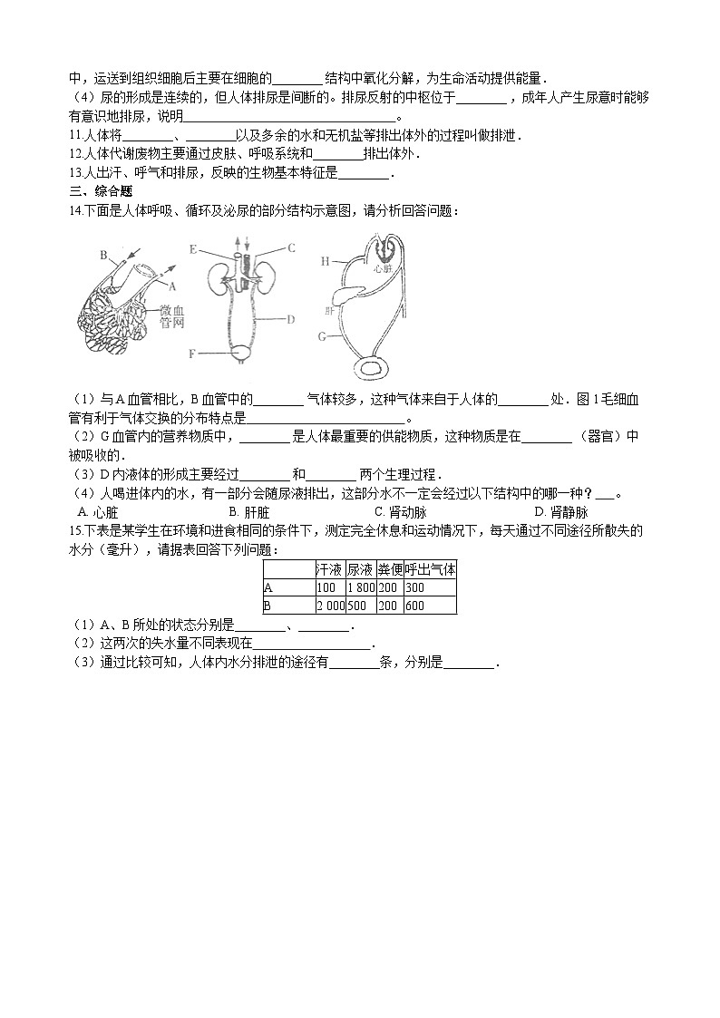 北师大版生物七年级下册 第11章 第1节  《人体产生的代谢废物》同步测试第2页