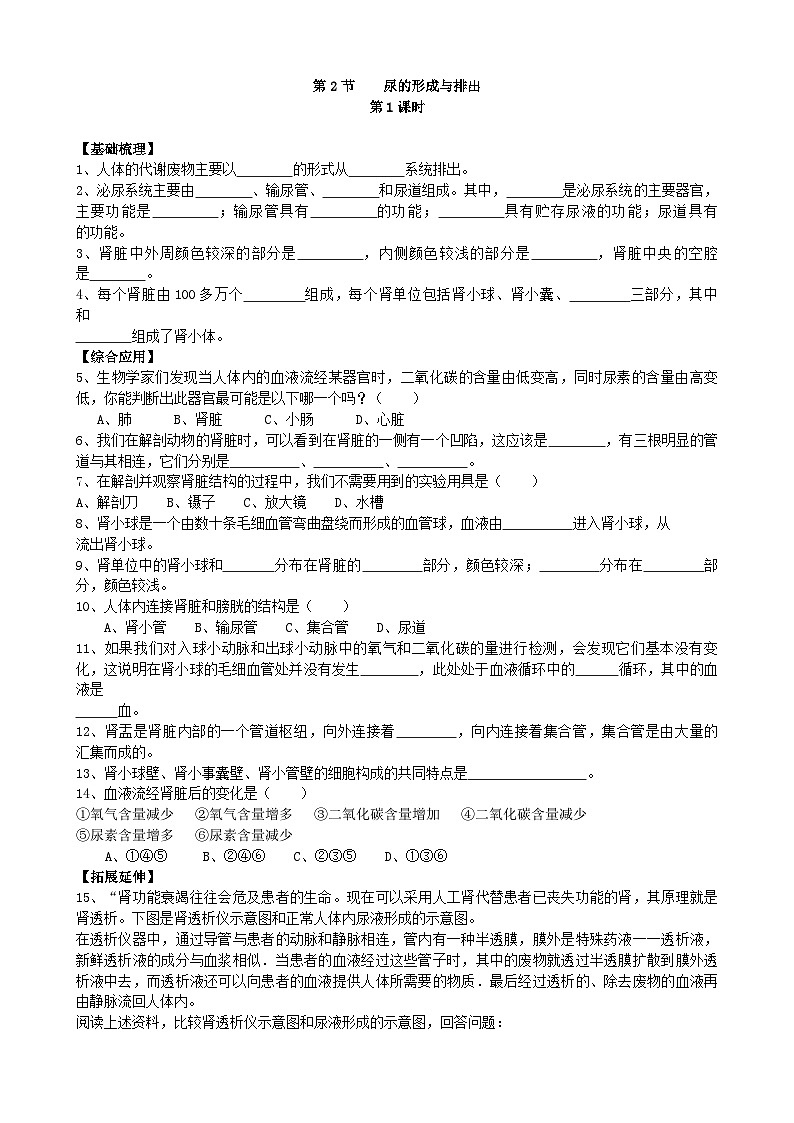 北师大版生物七年级下册 第11章 第2节 《尿的形成与排出》同步测试01