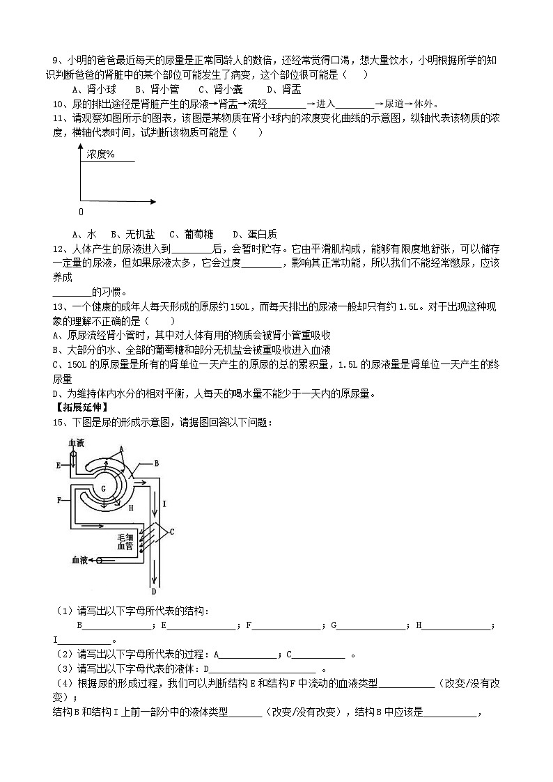 北师大版生物七年级下册 第11章 第2节 《尿的形成与排出》同步测试03