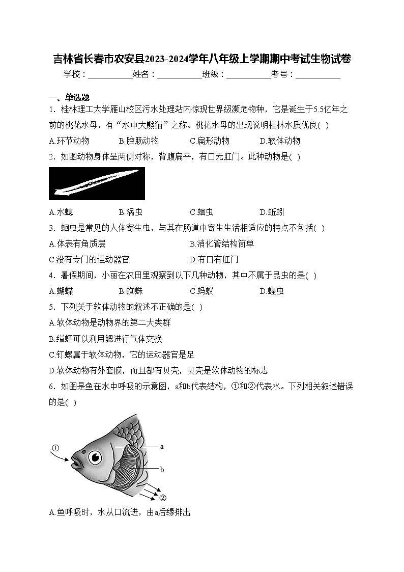 吉林省长春市农安县2023-2024学年八年级上学期期中考试生物试卷(含答案)01
