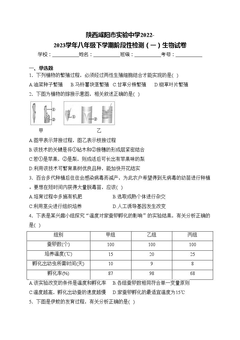 陕西咸阳市实验中学2022-2023学年八年级下学期阶段性检测（一）生物试卷(含答案)第1页