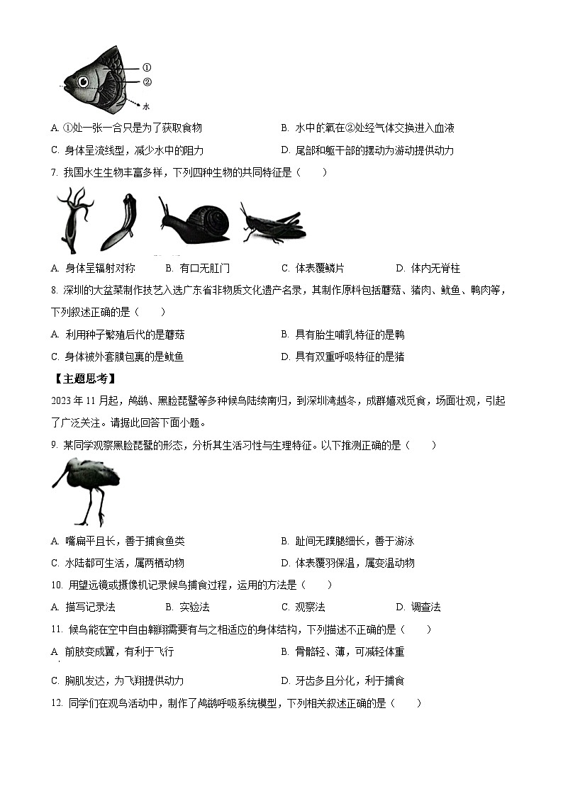 广东省深圳市南山区2023-2024学年八年级上学期生物期末试题（原卷版+解析版）02