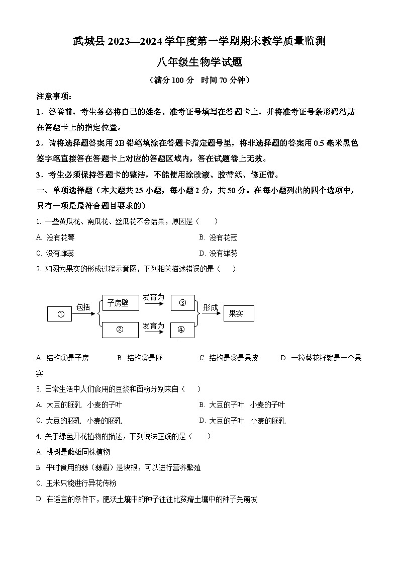 山东省德州市武城县2023-2024学年八年级上学期期末生物试题（原卷版+解析版）01