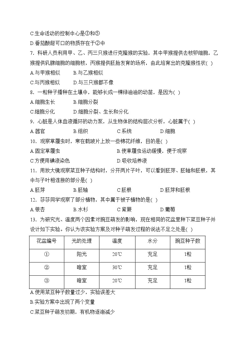 四川省绵阳市涪城区2023-2024学年七年级上学期期末质量监测生物试卷(含答案)02