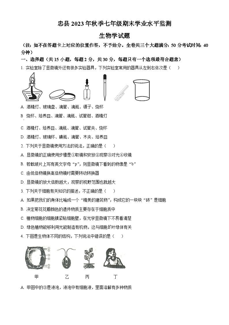 重庆市忠县2023-2024学年七年级上学期期末生物试题（原卷版+解析版）01