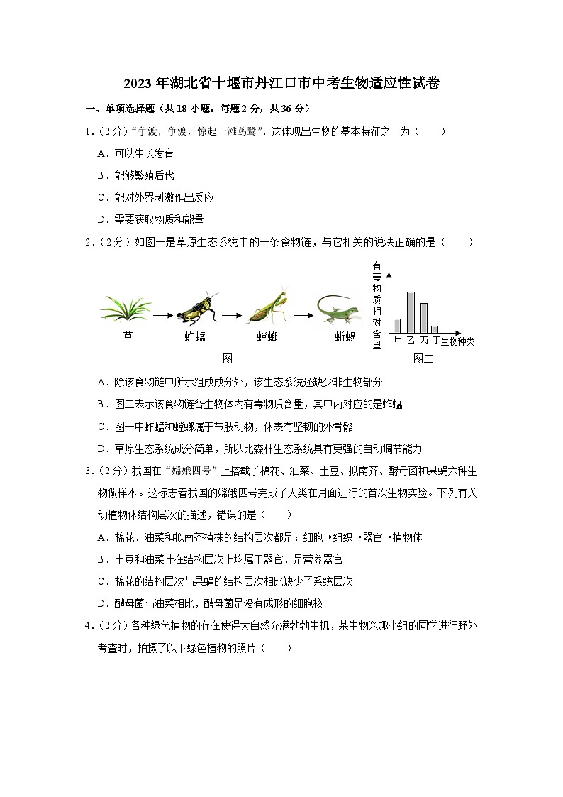 2023年湖北省十堰市丹江口市中考生物适应性试卷+01