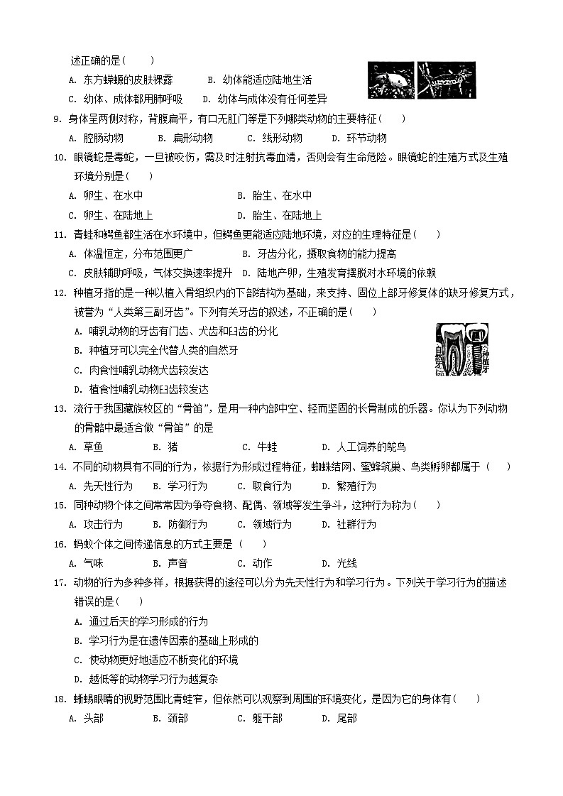 湖南省怀化市新晃侗族自治县2023-2024学年八年级上学期期中生物试题第2页