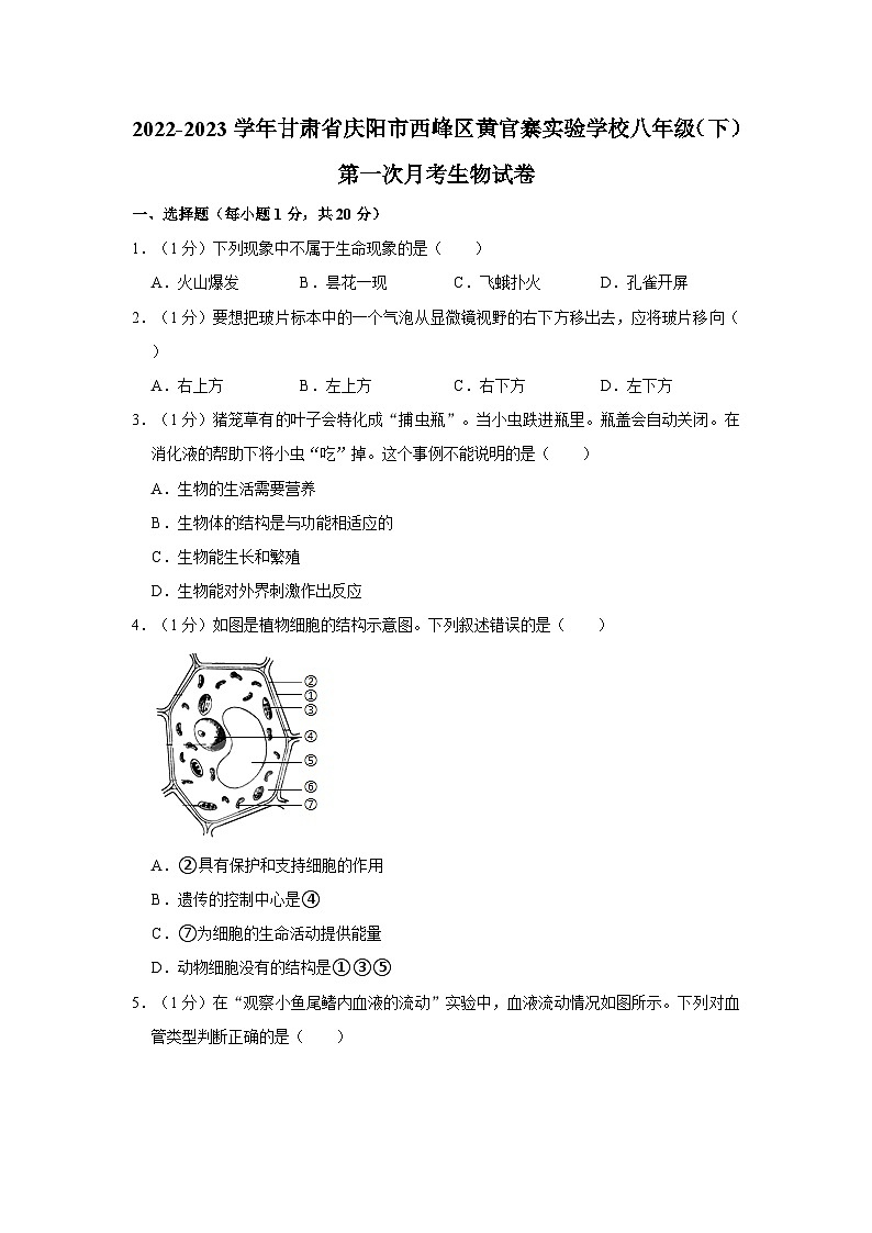 甘肃省庆阳市西峰区黄官寨实验学校2022-2023学年八年级下学期第一次月考生物试卷第1页