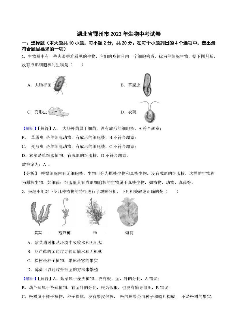 湖北省各地市2023年生物中考试题【9套】（附真题解析）01