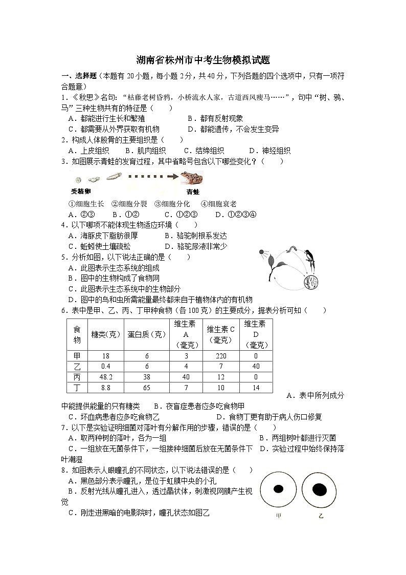 【全套精品专题】初中生物复习专题精讲湖南株州中考生物模拟试卷（带答案）第1页