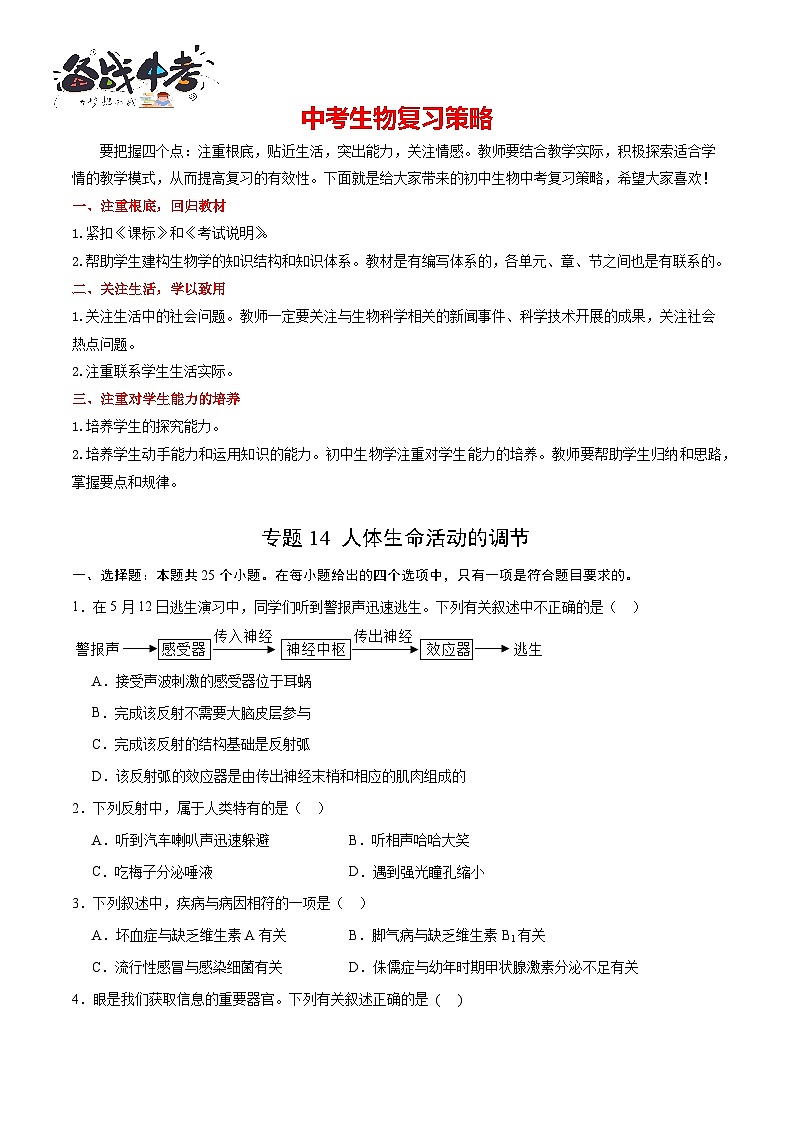专题14 人体生命活动的调节（试卷版）第1页