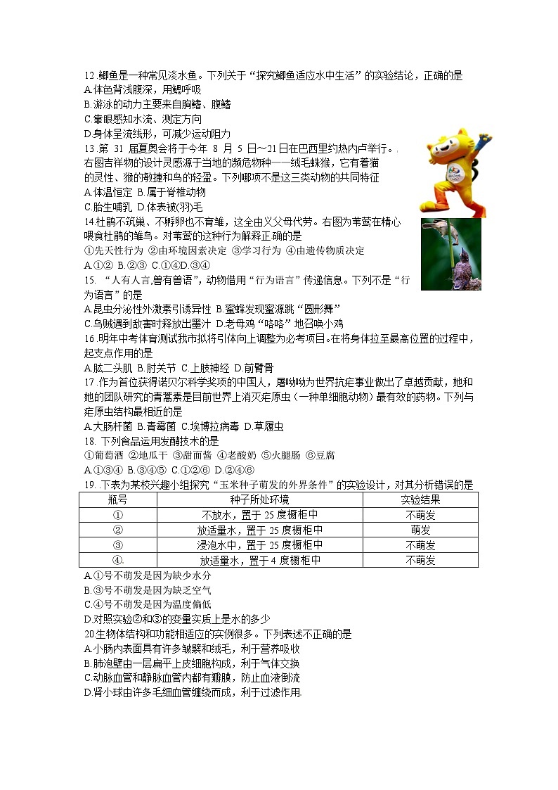 【全套精品专题】初中生物复习专题精讲 山东省济宁市中考生物模拟试题（word版，含答案）02