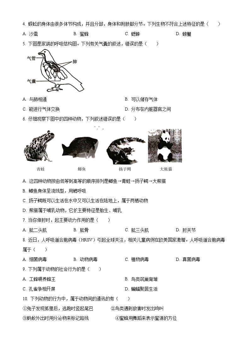 精品解析：广东省江门市2023-2024学年八年级上学期期末生物试题（原卷版）第2页