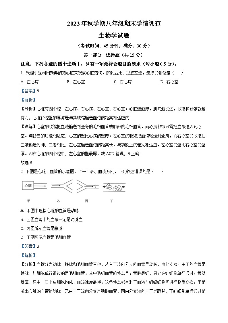 江苏省泰兴市2023-2024学年八年级上学期期末生物试题（原卷版+解析版）01