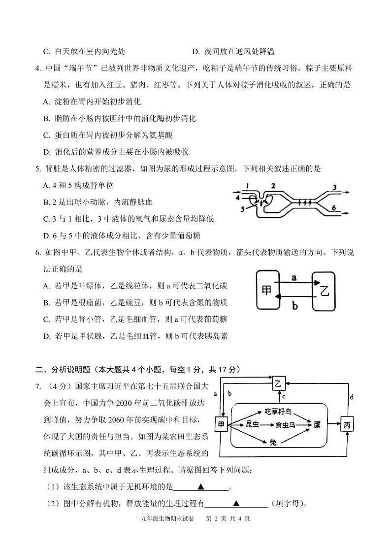 四川省泸州市江阳区2022-2023学年九年级上学期期末考试生物试题02