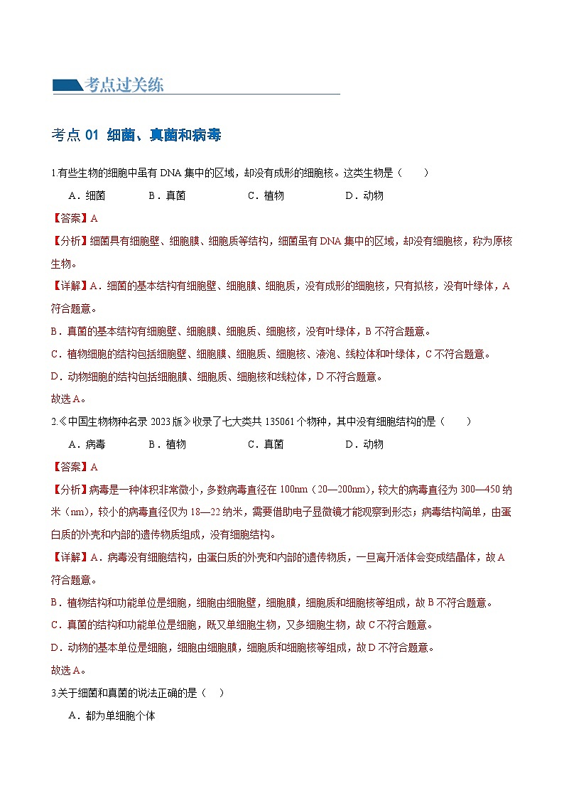 专题18 细菌、真菌和病毒（练习，3大考点）-2024年中考生物一轮复习课件+讲义+练习 （全国通用）02
