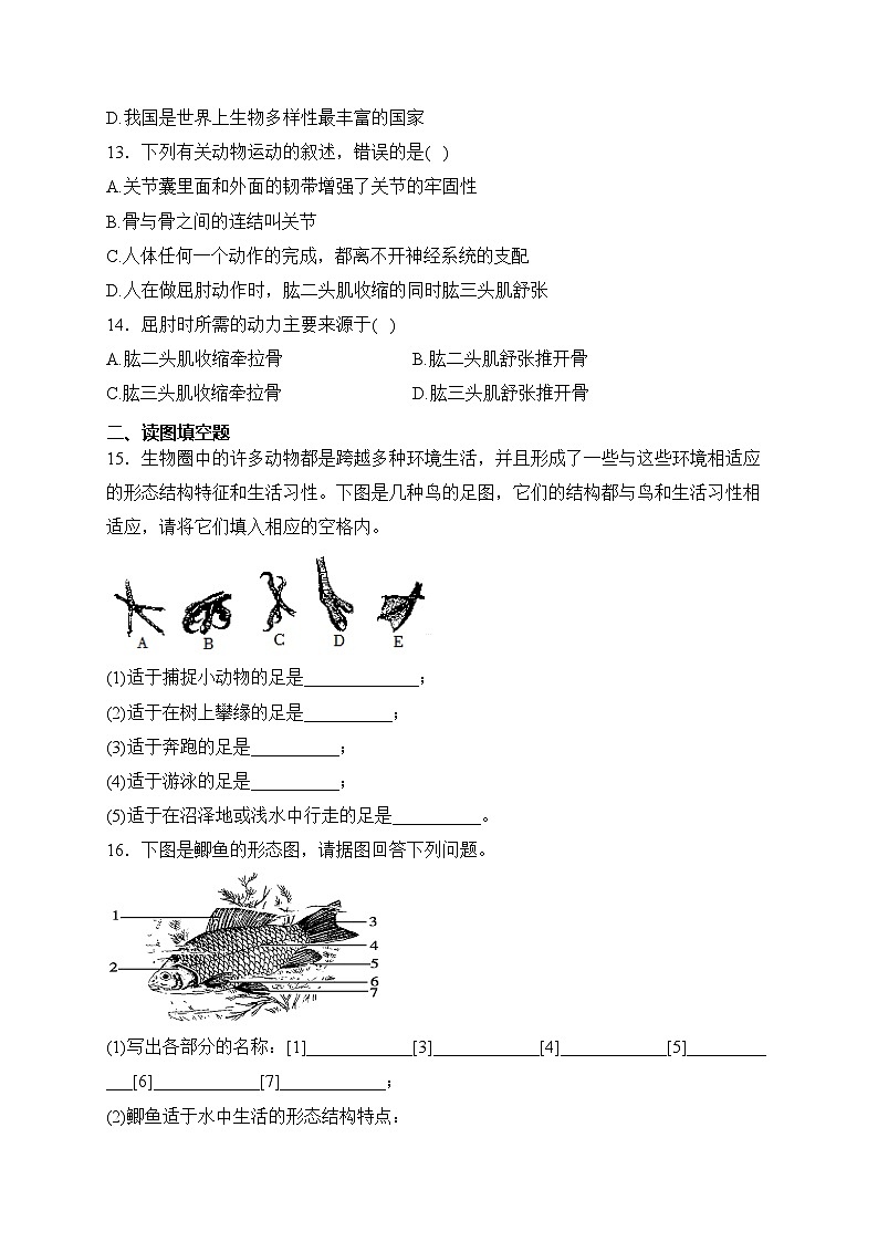 海南省农垦中学2023-2024学年八年级上学期期末考试生物试卷（A）(含答案)第3页