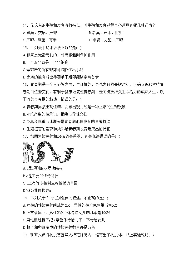 山东省德州市夏津县2023-2024学年八年级上学期期中考试生物试卷(含答案)03