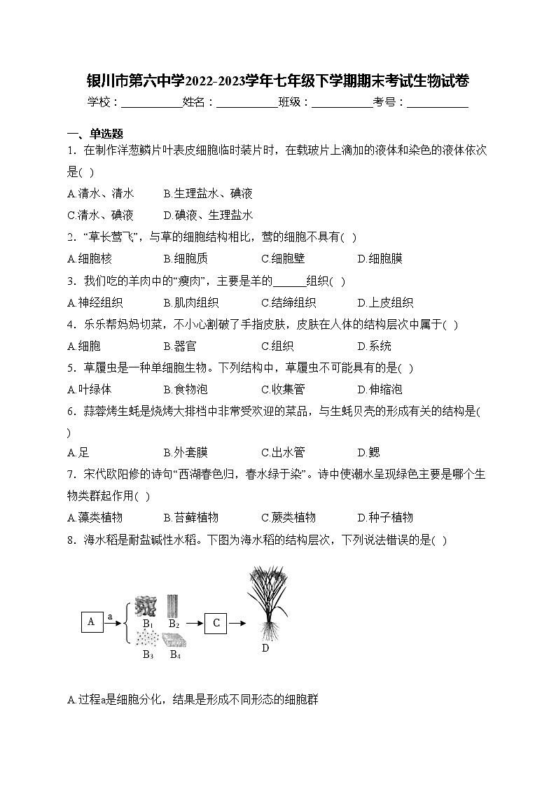 银川市第六中学2022-2023学年七年级下学期期末考试生物试卷(含答案)第1页