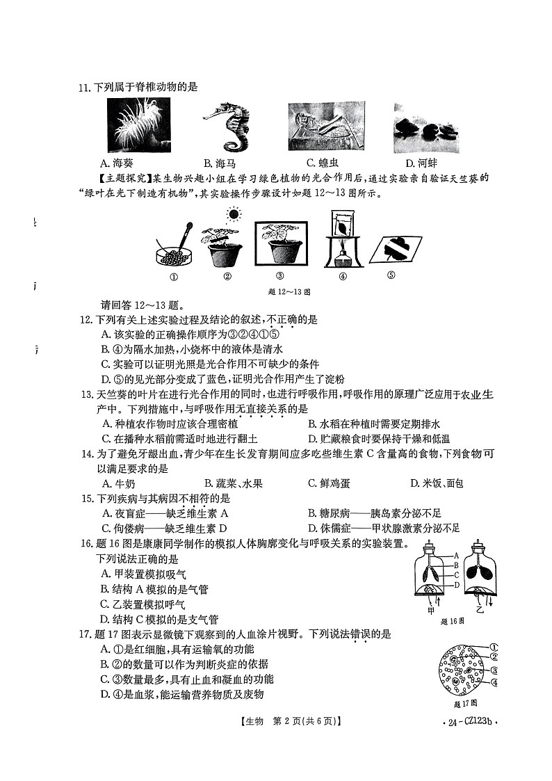2024年广东省湛江市廉江市中考一模生物试题（无答案）02