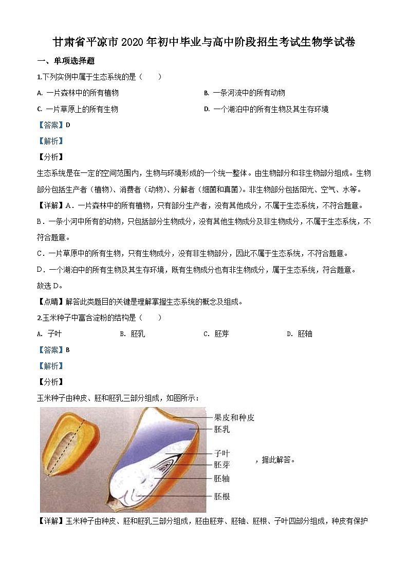 甘肃省平凉市2020年中考生物试题（含解析）01