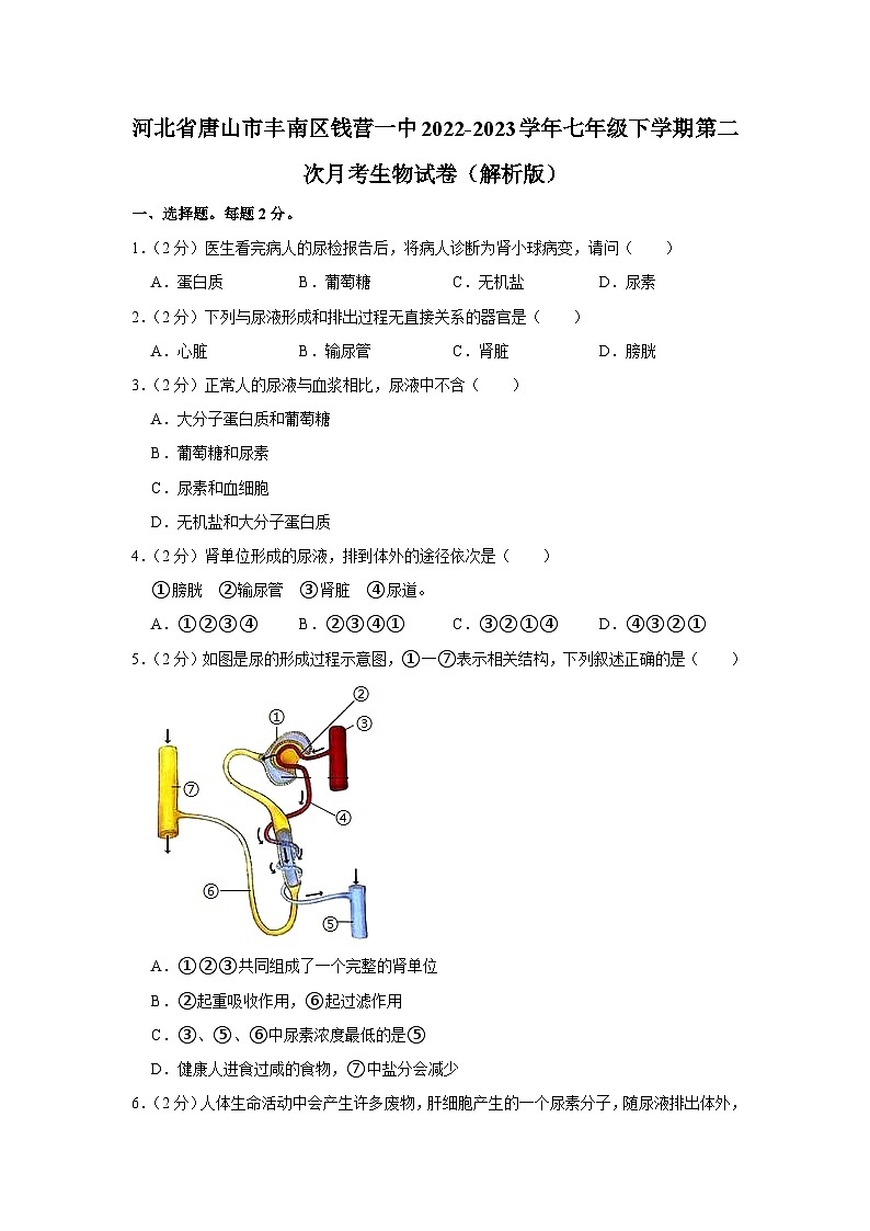 河北省唐山市丰南区钱营一中2022-2023学年七年级下学期第二次月考生物试卷+第1页