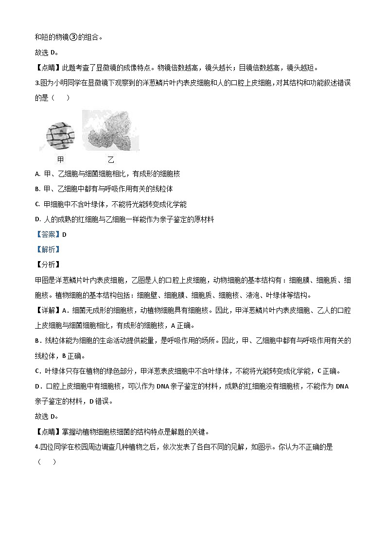 湖南省张家界市2020年中考生物试题（含解析）02