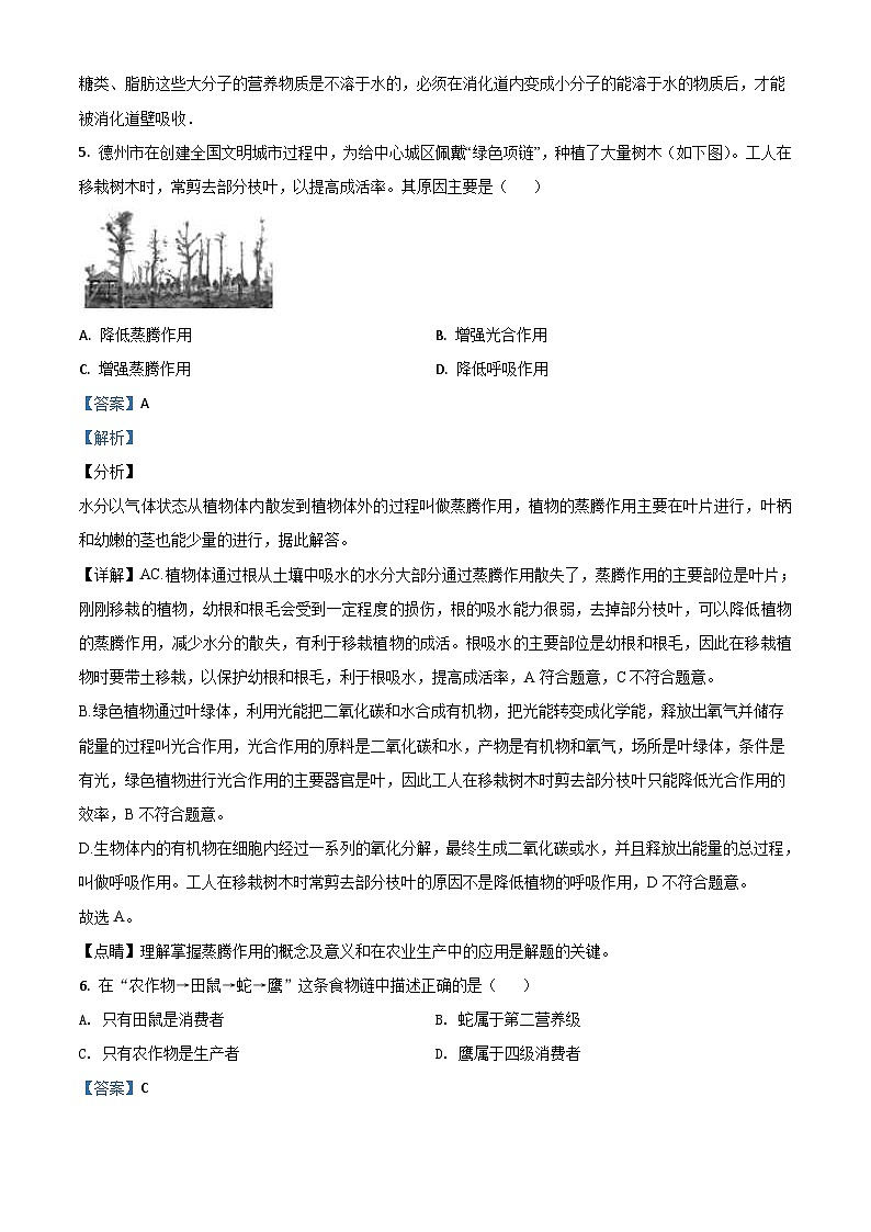 山东省德州市2020中考生物试题（含解析）03