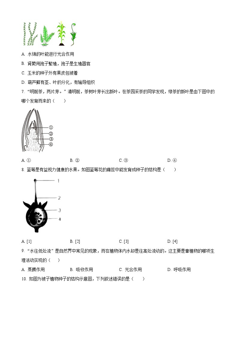精品解析：吉林省四平市铁西区2023-2024学年七年级上学期期末生物试题（原卷版）第2页