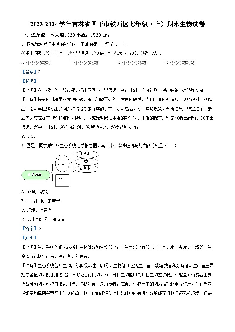 精品解析：吉林省四平市铁西区2023-2024学年七年级上学期期末生物试题（解析版）第1页