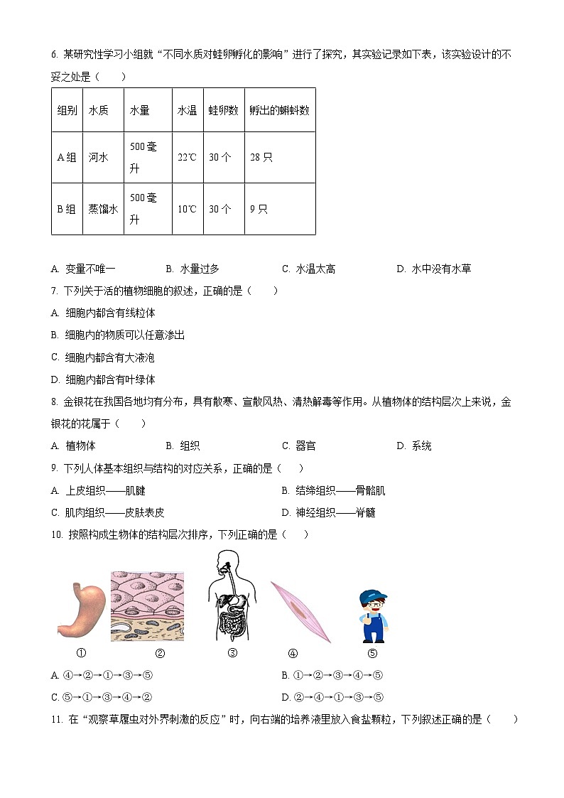 河北省保定市高碑店市2023-2024学年七年级上学期期末生物试题（原卷版+解析版）02