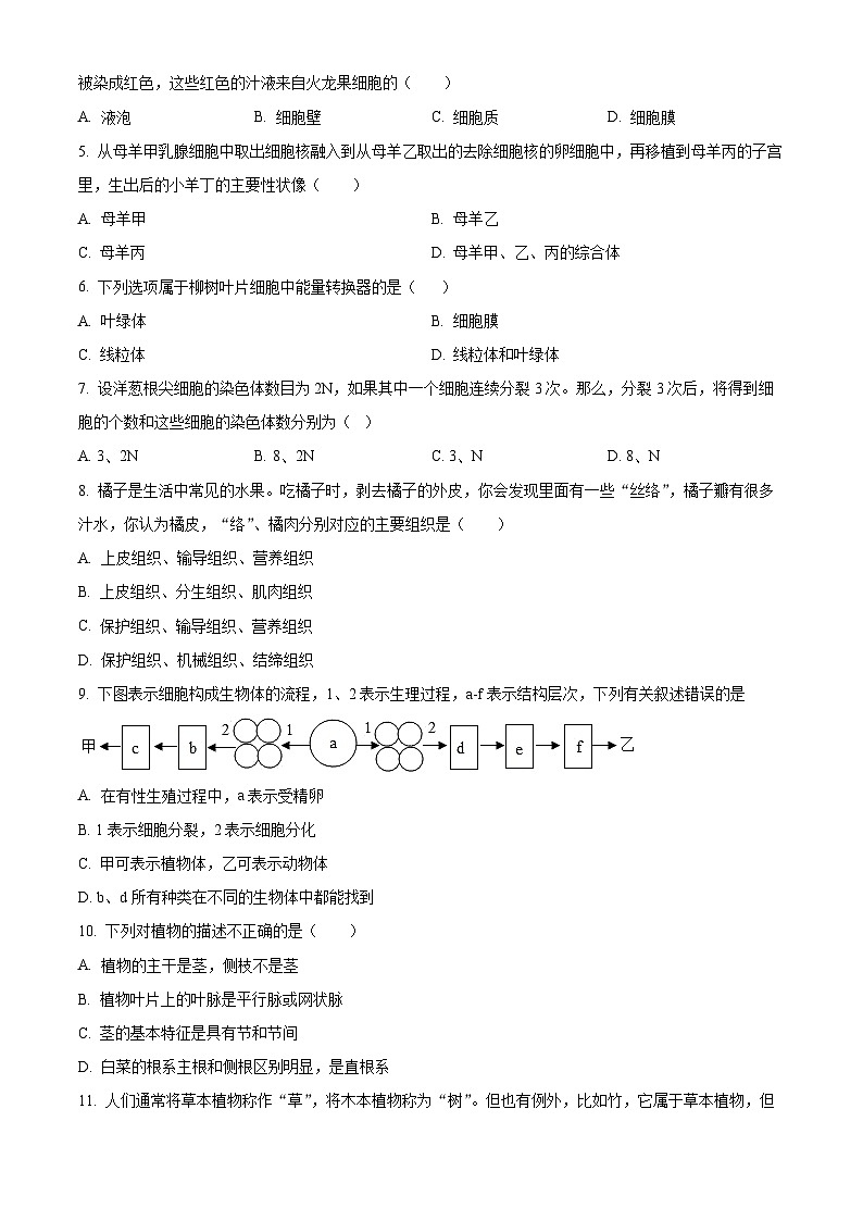 精品解析：河北省唐山市路北区2023-2024学年七年级上学期期末生物试题（原卷版）第2页