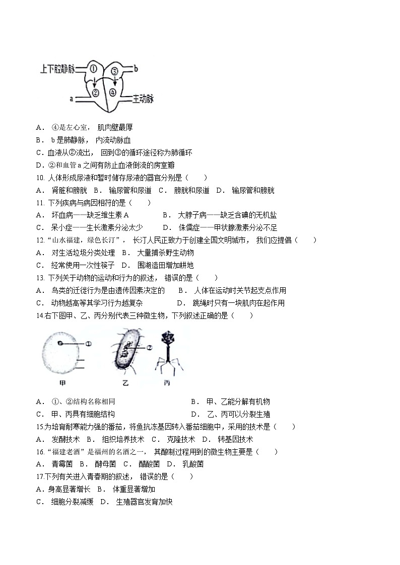 2024年福建省龙岩市长汀县中考一模生物试题(无答案)02