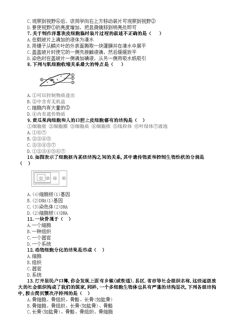 初中生物人教版2024届中考复习易错题精选练习（共100道，附参考答案）第2页