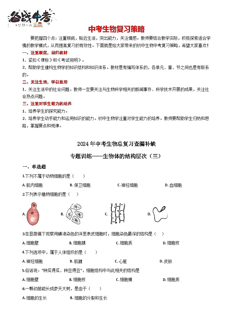 专题03 生物体的结构层次（三）（答案+解析）-中考生物一轮复习刷题01