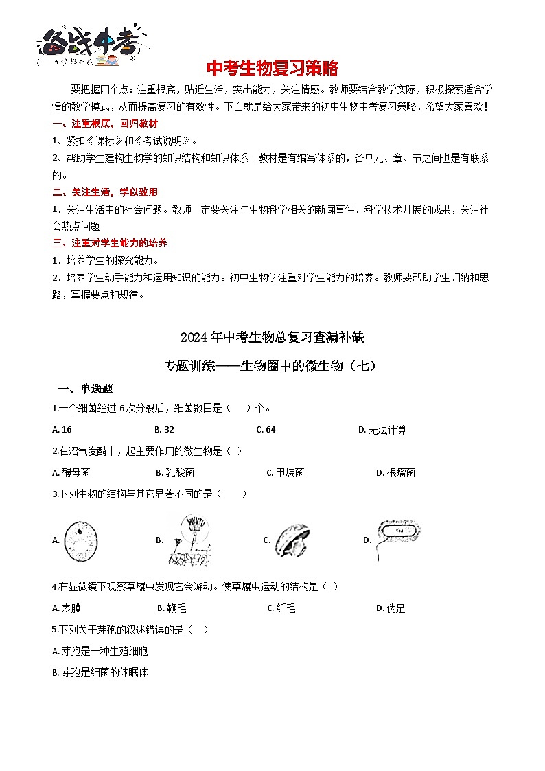专题07 生物圈中的微生物（七）（答案+解析）-中考生物一轮复习刷题01